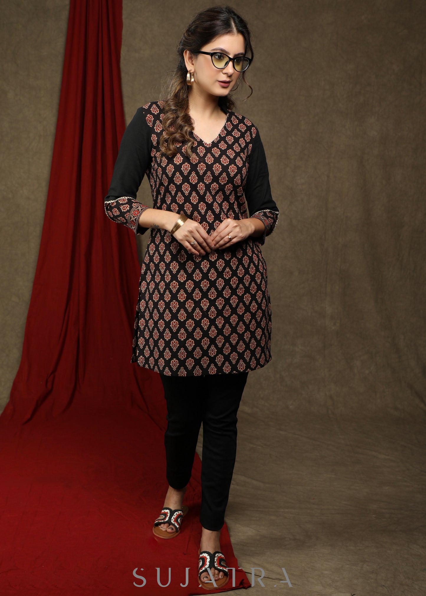 Exclusive black cotton ajrakh combination tunic