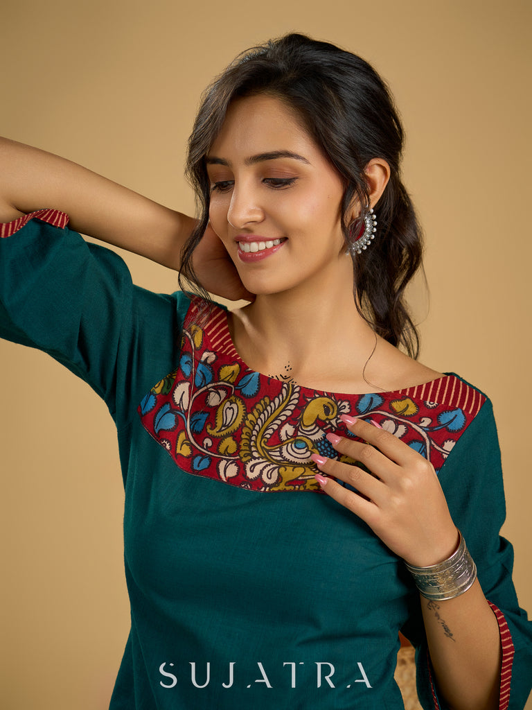 Graceful hand painted kalamkari cotton teal top