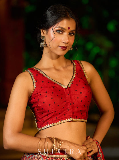 Striking Maroon Modal Silk Saree with Traditional Ajrakh Print & Contrast Gold Lace Detail & Hand Embroidered Pallu
