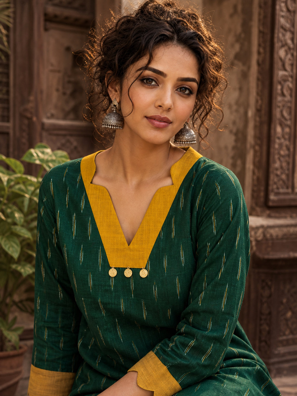 Classic Green Ikat Cotton Straight Kurta with Contrast Mustard V-Neckline & Scalloped Cuff Band - Pant Optional