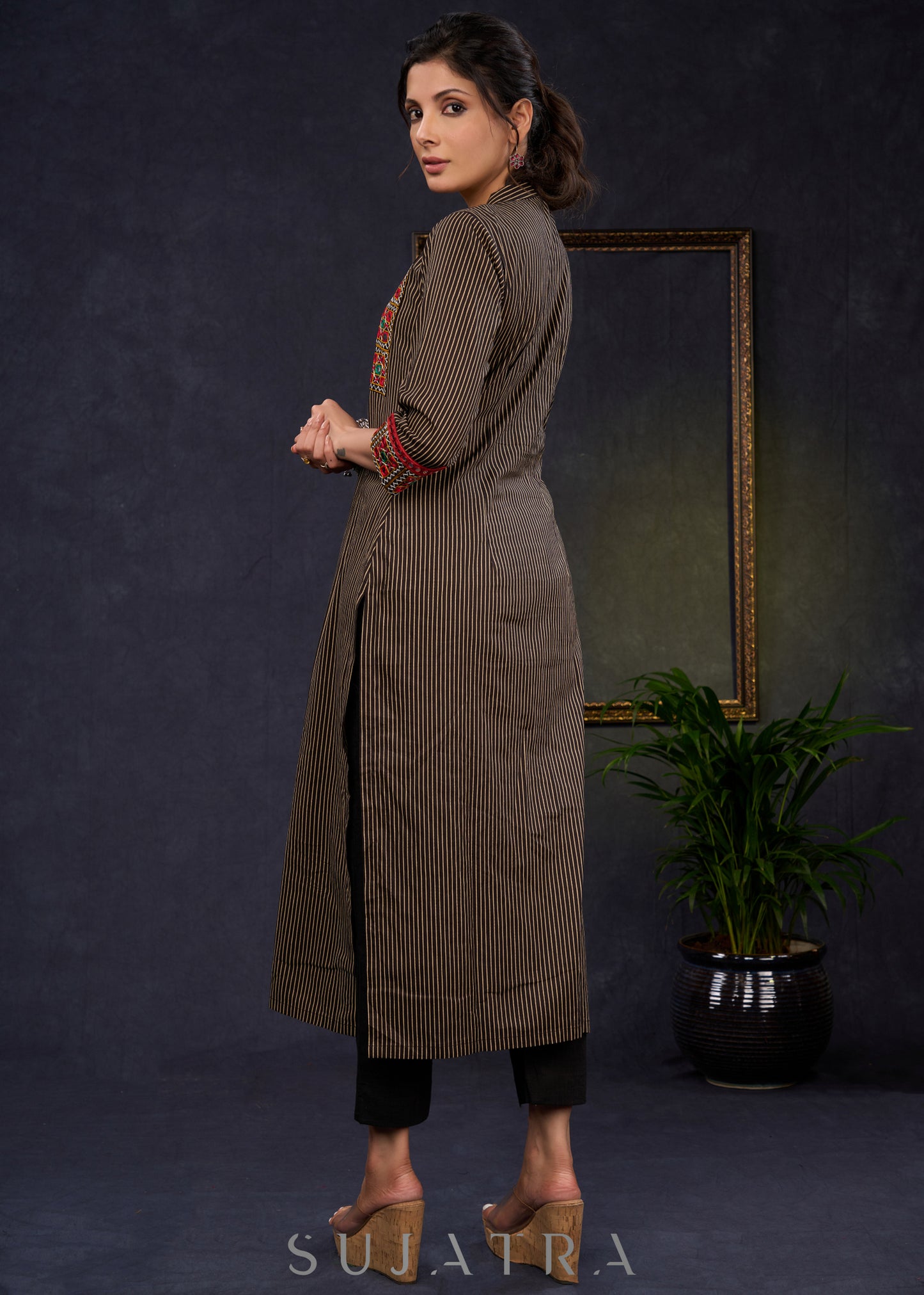 Traditional Black Cotton Ajrakh Straight Cut Kurta With Beautiful Kutch Mirror Work-Pant-Optional