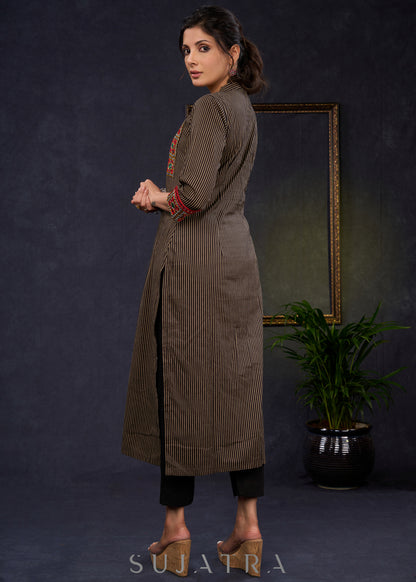 Traditional Black Cotton Ajrakh Straight Cut Kurta With Beautiful Kutch Mirror Work-Pant-Optional
