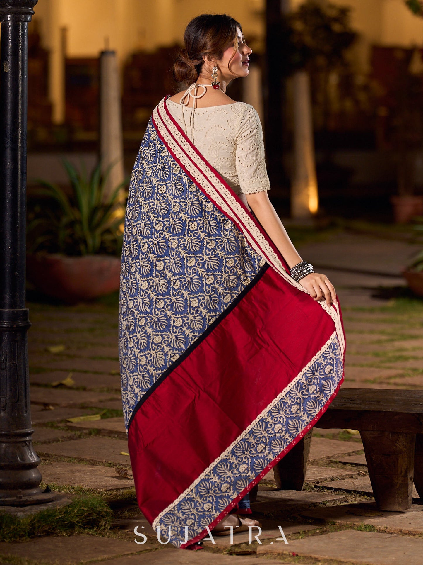 Navy Floral Printed Cotton Saree with Contrasting Pallu
