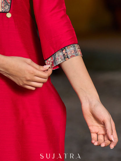 Stunning magenta cotton-silk kurta with digital print detailing and black–gold contrast