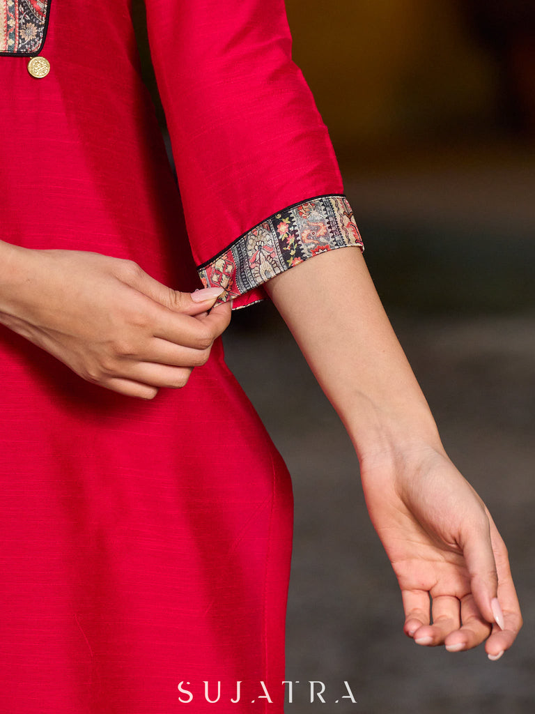 Stunning magenta cotton-silk kurta with digital print detailing and black–gold contrast