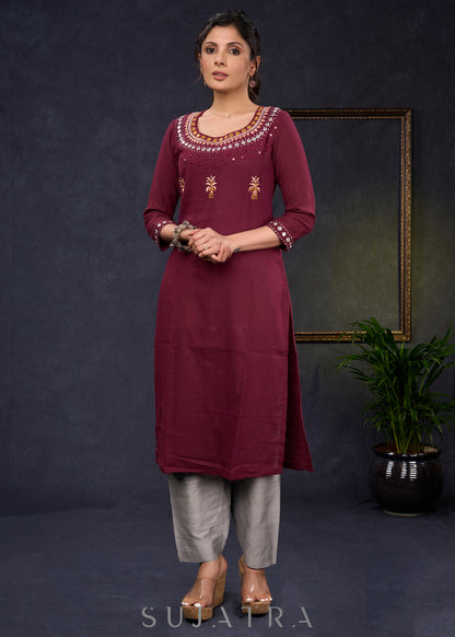 Classy-Wine-Cotton-Straight-Cut-Kurta-With-Mirror-Embroidery--Pant-Optional