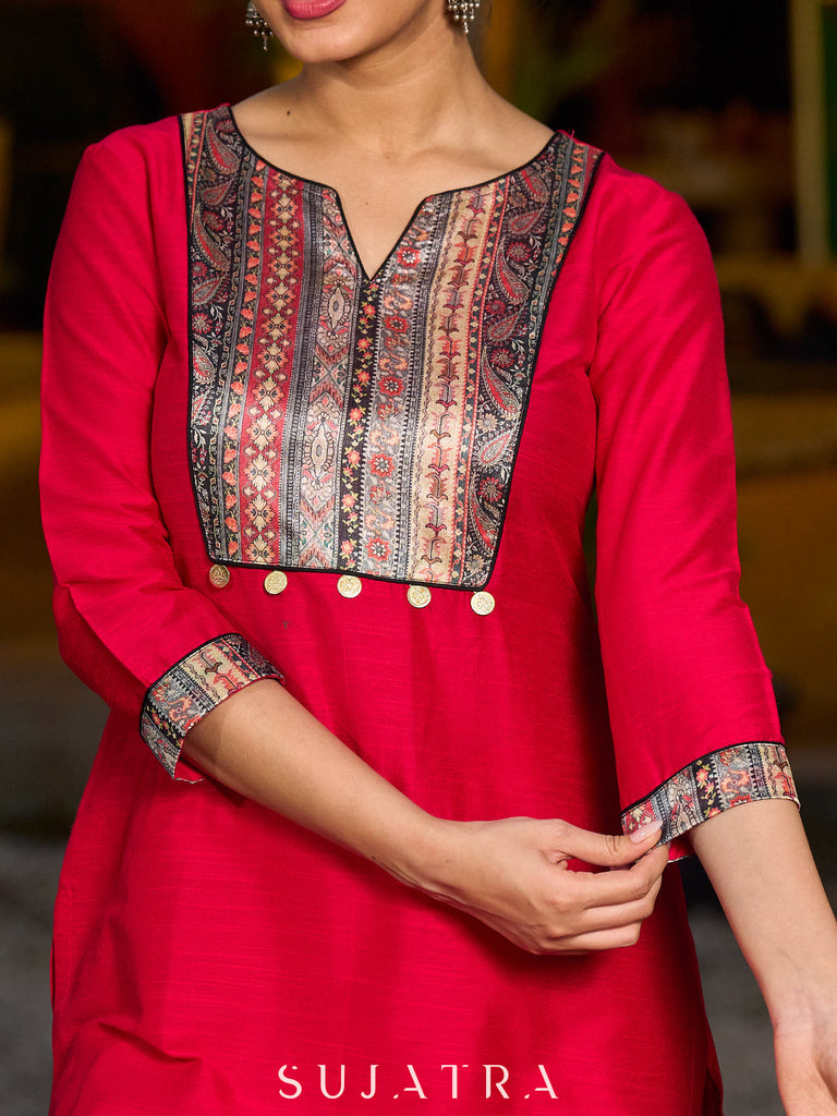 Stunning magenta cotton-silk kurta with digital print detailing and black–gold contrast