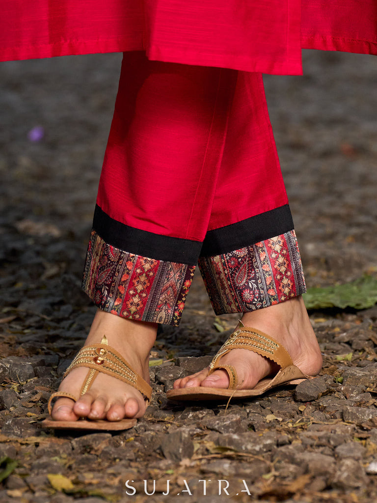 Stunning magenta cotton-silk kurta with digital print detailing and black–gold contrast