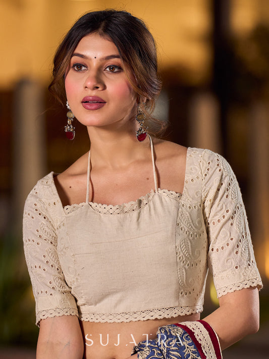 Artisan Hakoba Cotton Blouse with Stylish Drawstring Tie-Up Neck Detail