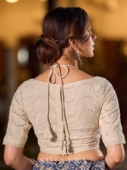 Artisan Hakoba Cotton Blouse with Stylish Drawstring Tie-Up Neck Detail