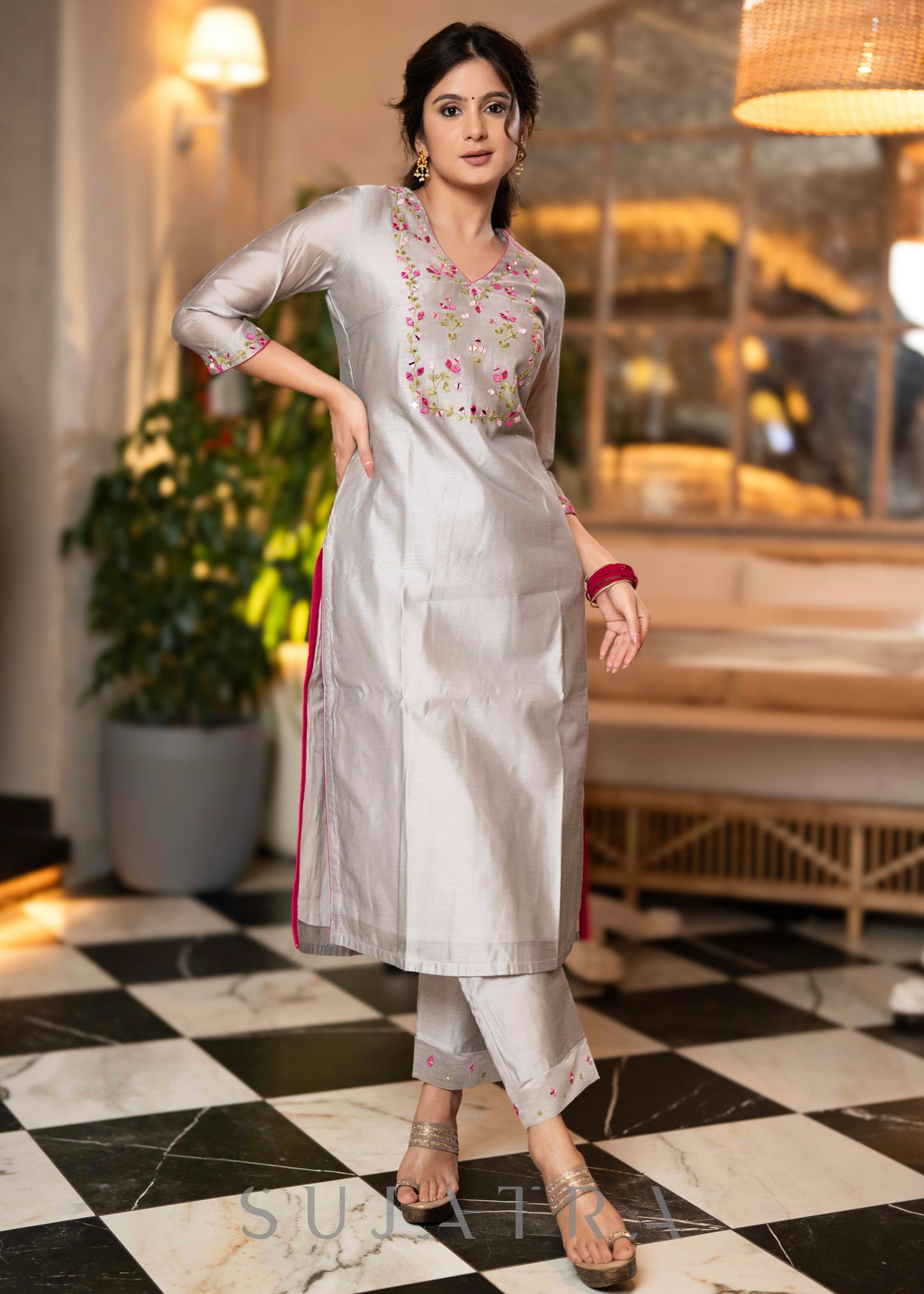 Beautiful Hand Embroidered Grey Chanderi Kurta