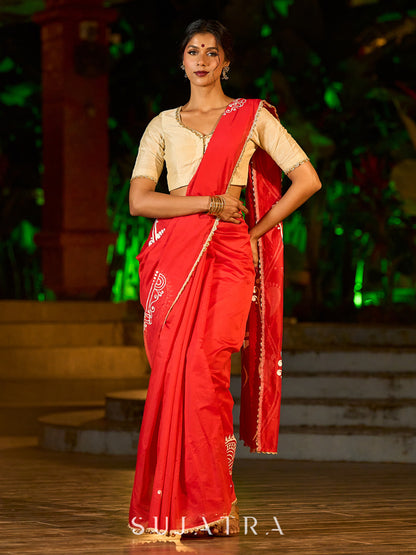 Graceful Red Chanderi Silk Saree with All-Over Handcrafted Alpana Art & Gold Trim