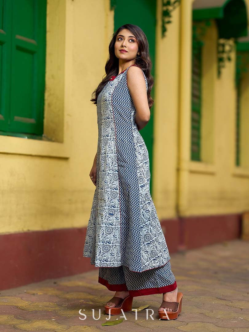 Indigo Alternating Kali Kurta with Floral & Zigzag Prints, Maroon Accents and Handcrafted Mirror Work