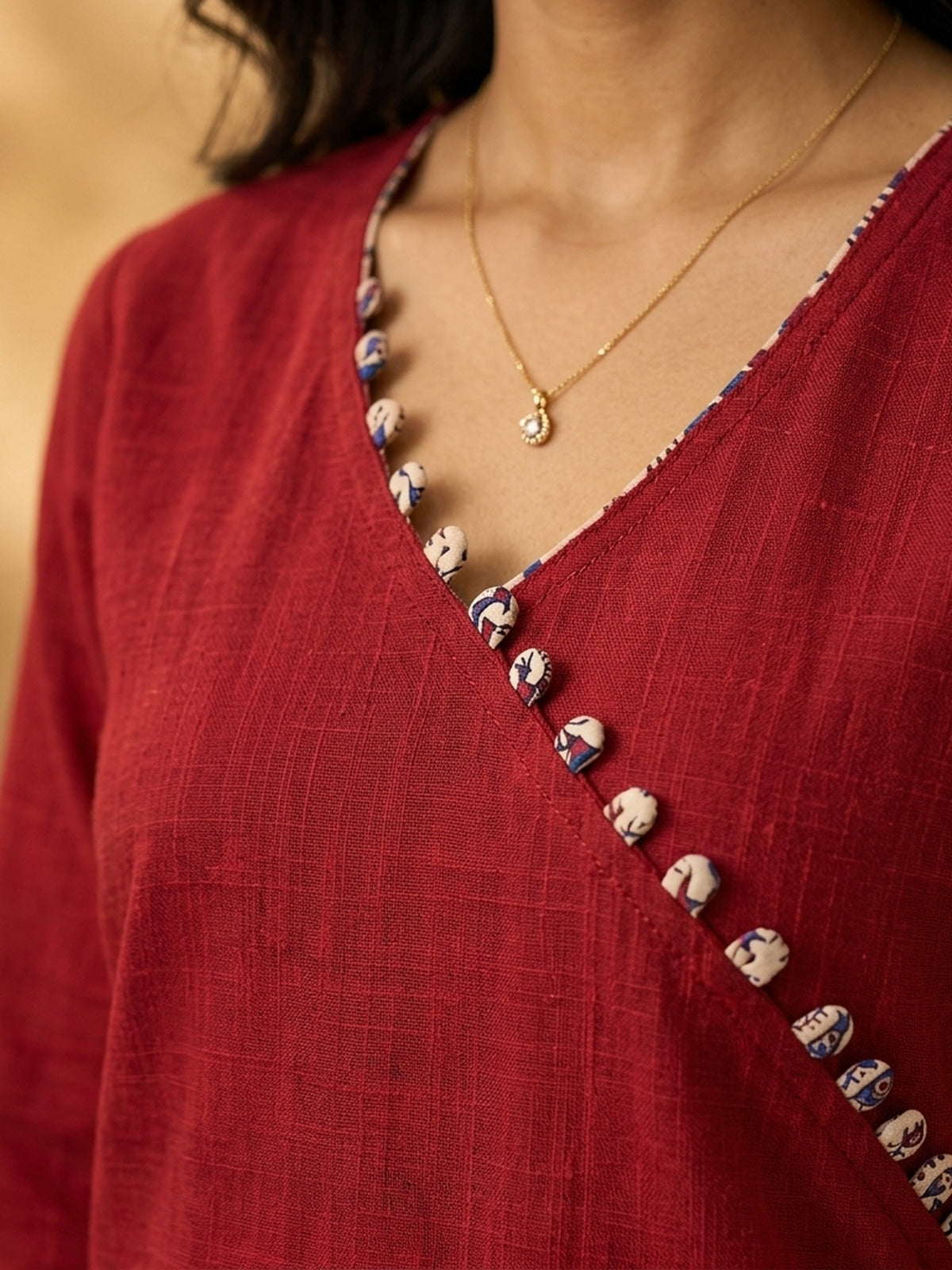 Dussehra Sale — Refined Maroon Cotton Kurta with Folk Art Printed Wide Cuffs & Angrakha Wrap Neckline - Pant Optional