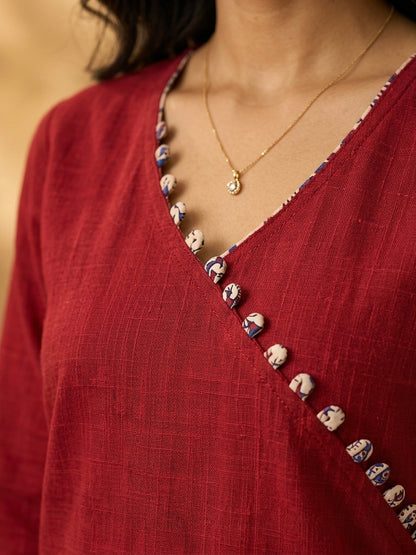 Refined Maroon Cotton Kurta with Folk Art Printed Wide Cuffs & Angrakha Wrap Neckline