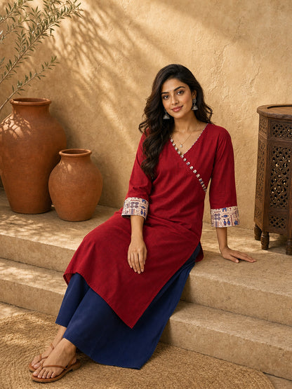 Refined Maroon Cotton Kurta with Folk Art Printed Wide Cuffs & Angrakha Wrap Neckline