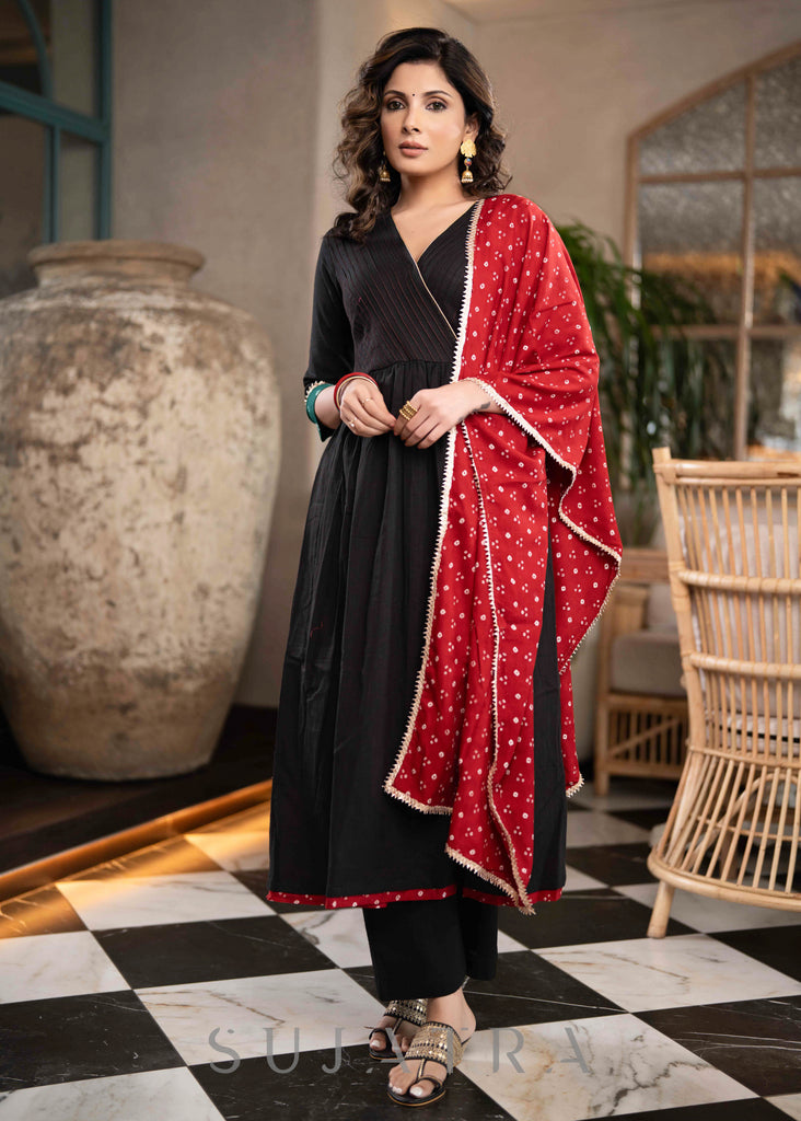 Stylish Black Cotton Pant & A Line Kurta With Pin tucks & Bandhani Detailing - Dupatta Optional