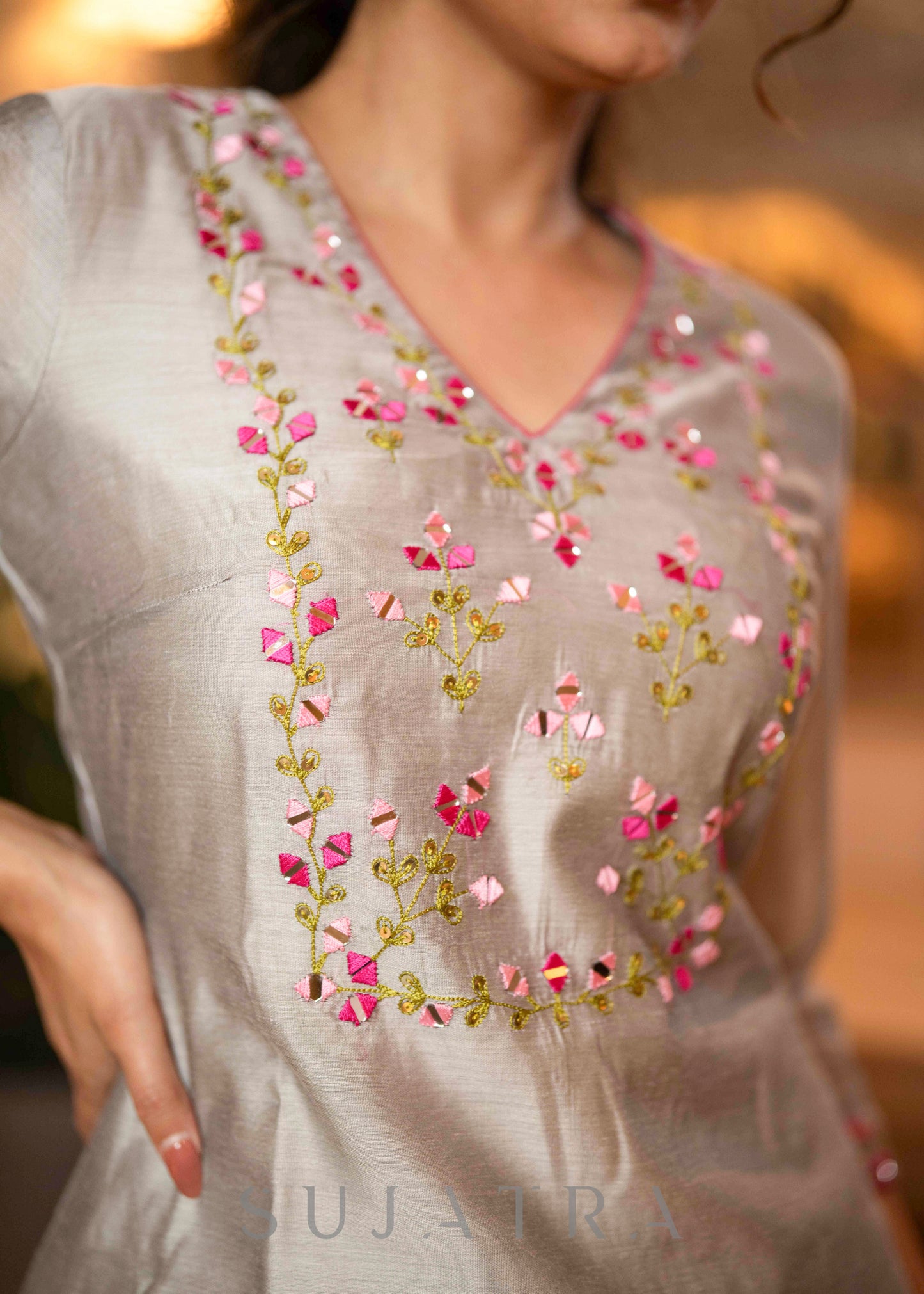 Beautiful Hand Embroidered Grey Chanderi Kurta