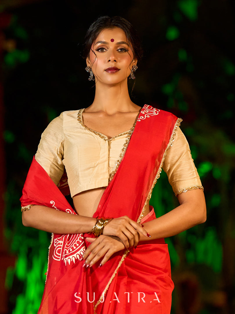 Graceful Red Chanderi Silk Saree with All-Over Handcrafted Alpana Art & Gold Trim