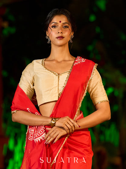 Graceful Red Chanderi Silk Saree with All-Over Handcrafted Alpana Art & Gold Trim