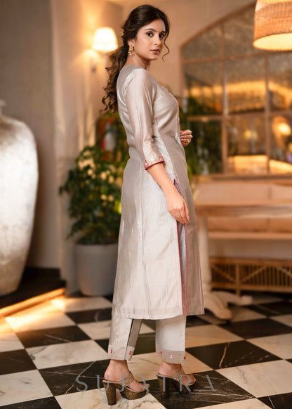 Beautiful Hand Embroidered Grey Chanderi Kurta