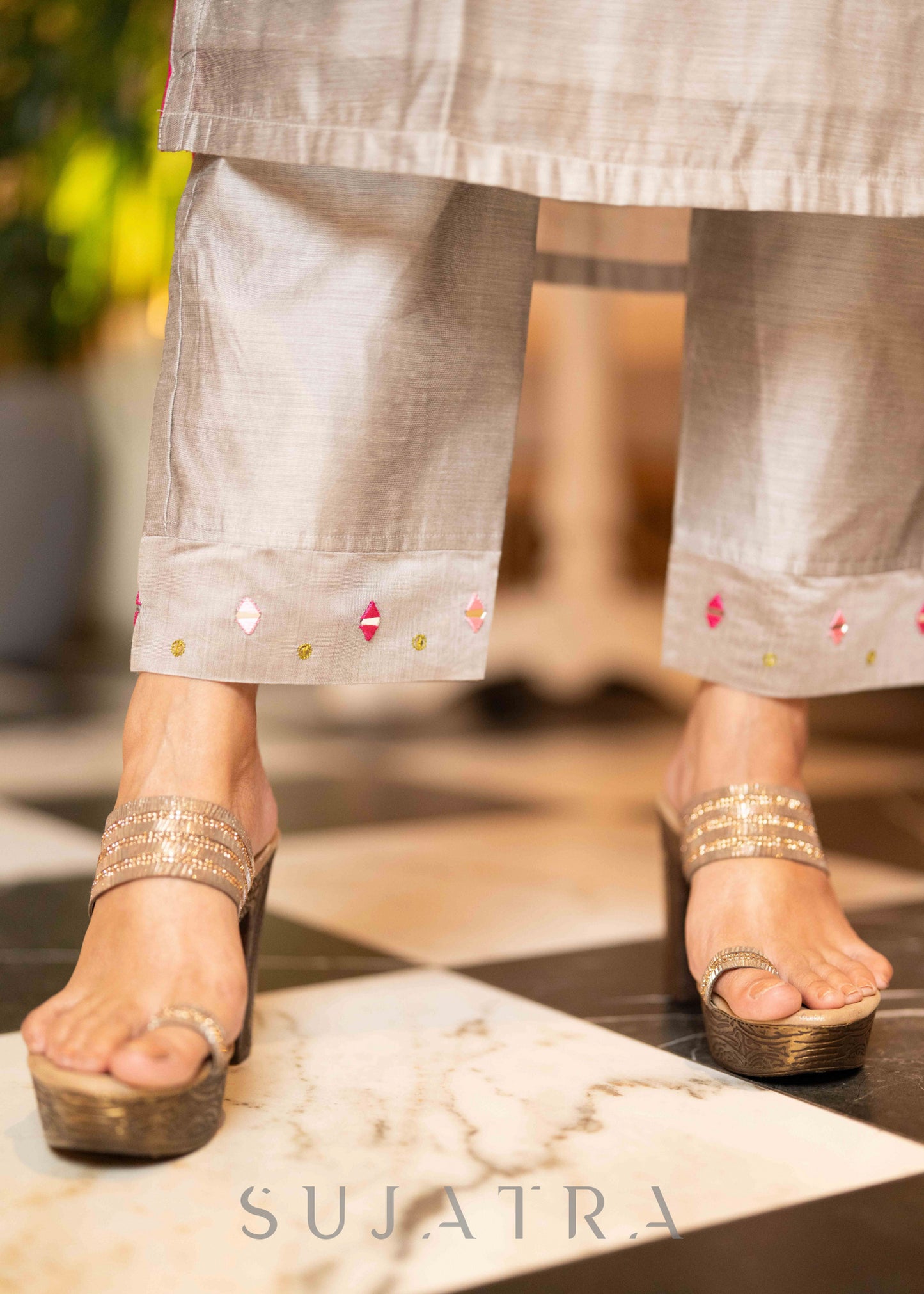 Beautiful Hand Embroidered Grey Chanderi Kurta