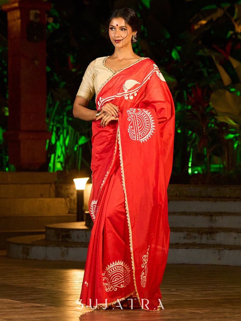 Graceful Red Chanderi Silk Saree with All-Over Handcrafted Alpana Art & Gold Trim