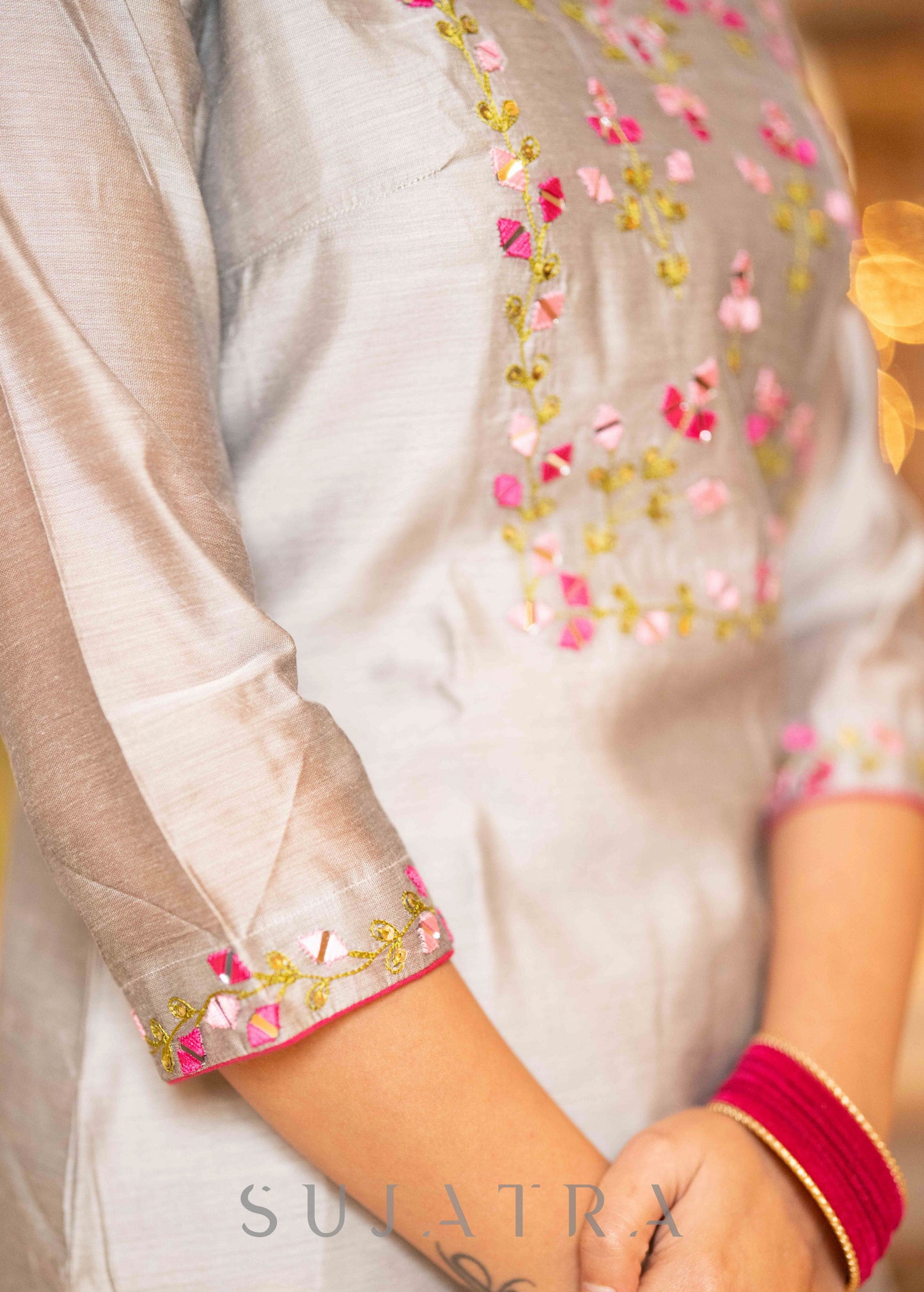 Beautiful Hand Embroidered Grey Chanderi Kurta