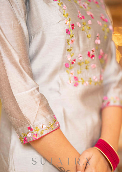 Beautiful Hand Embroidered Grey Chanderi Kurta