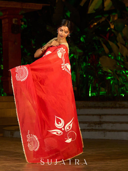 Graceful Red Chanderi Silk Saree with All-Over Handcrafted Alpana Art & Gold Trim