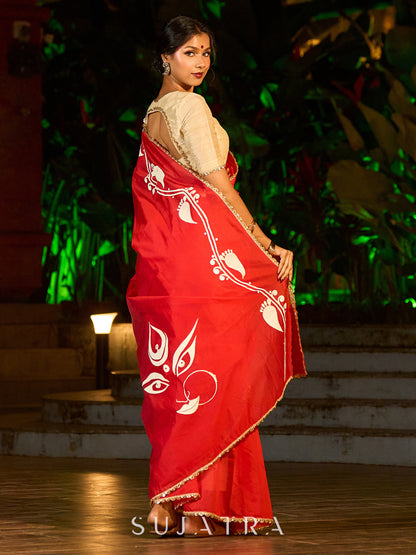 Graceful Red Chanderi Silk Saree with All-Over Handcrafted Alpana Art & Gold Trim