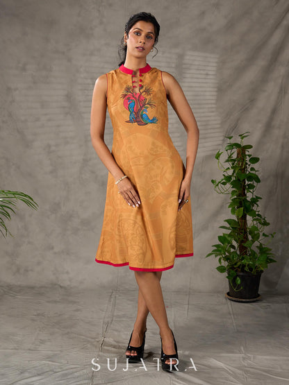 Mustard Gond printed mandarin collar dress with vibrant pink accents.
