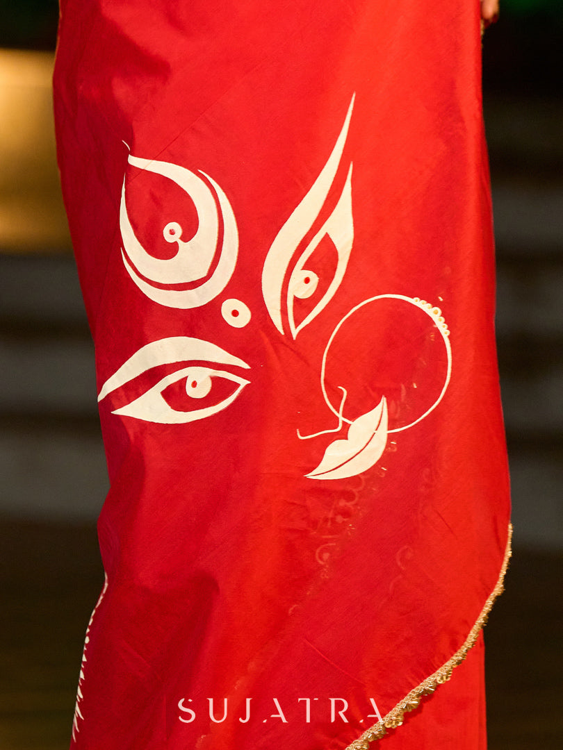 Graceful Red Chanderi Silk Saree with All-Over Handcrafted Alpana Art & Gold Trim
