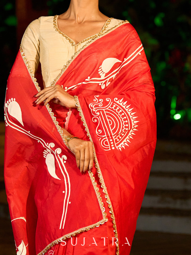 Graceful Red Chanderi Silk Saree with All-Over Handcrafted Alpana Art & Gold Trim