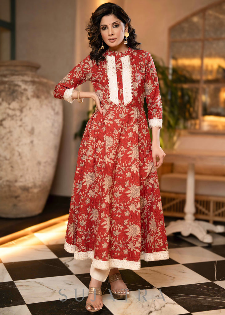 Red Cotton Printed Thread Work Lace Flared cotton Kurta With Pant - Dupatta Optional