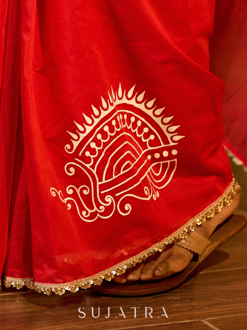 Graceful Red Chanderi Silk Saree with All-Over Handcrafted Alpana Art & Gold Trim