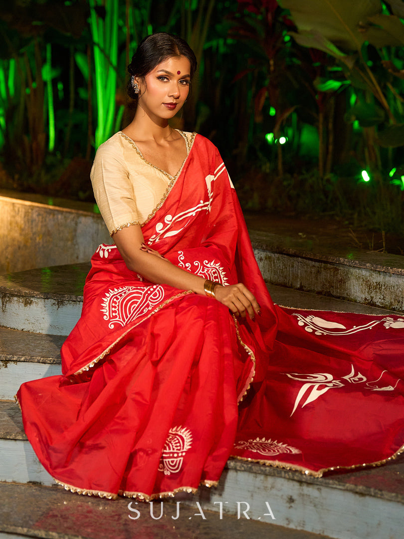 Graceful Red Chanderi Silk Saree with All-Over Handcrafted Alpana Art & Gold Trim