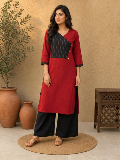 Sophisticated Maroon & Black Ikat Contrast Panel Cotton Kurta with Button Closure & V-Neckline
