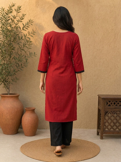 Sophisticated Maroon & Black Ikat Contrast Panel Cotton Kurta with Button Closure & V-Neckline