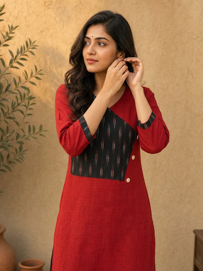 Sophisticated Maroon & Black Ikat Contrast Panel Cotton Kurta with Button Closure & V-Neckline