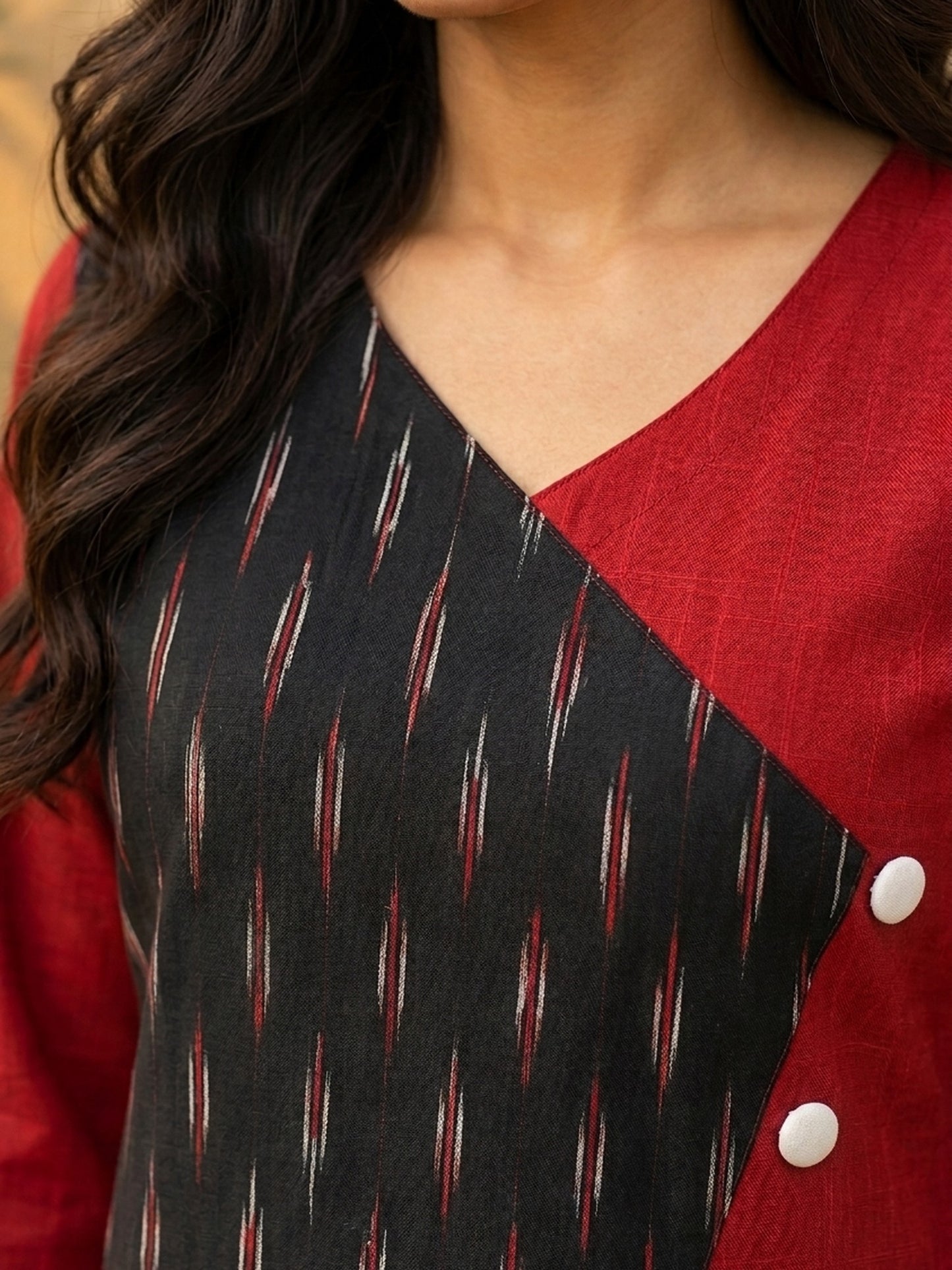 Sophisticated Maroon & Black Ikat Contrast Panel Cotton Kurta with Button Closure & V-Neckline