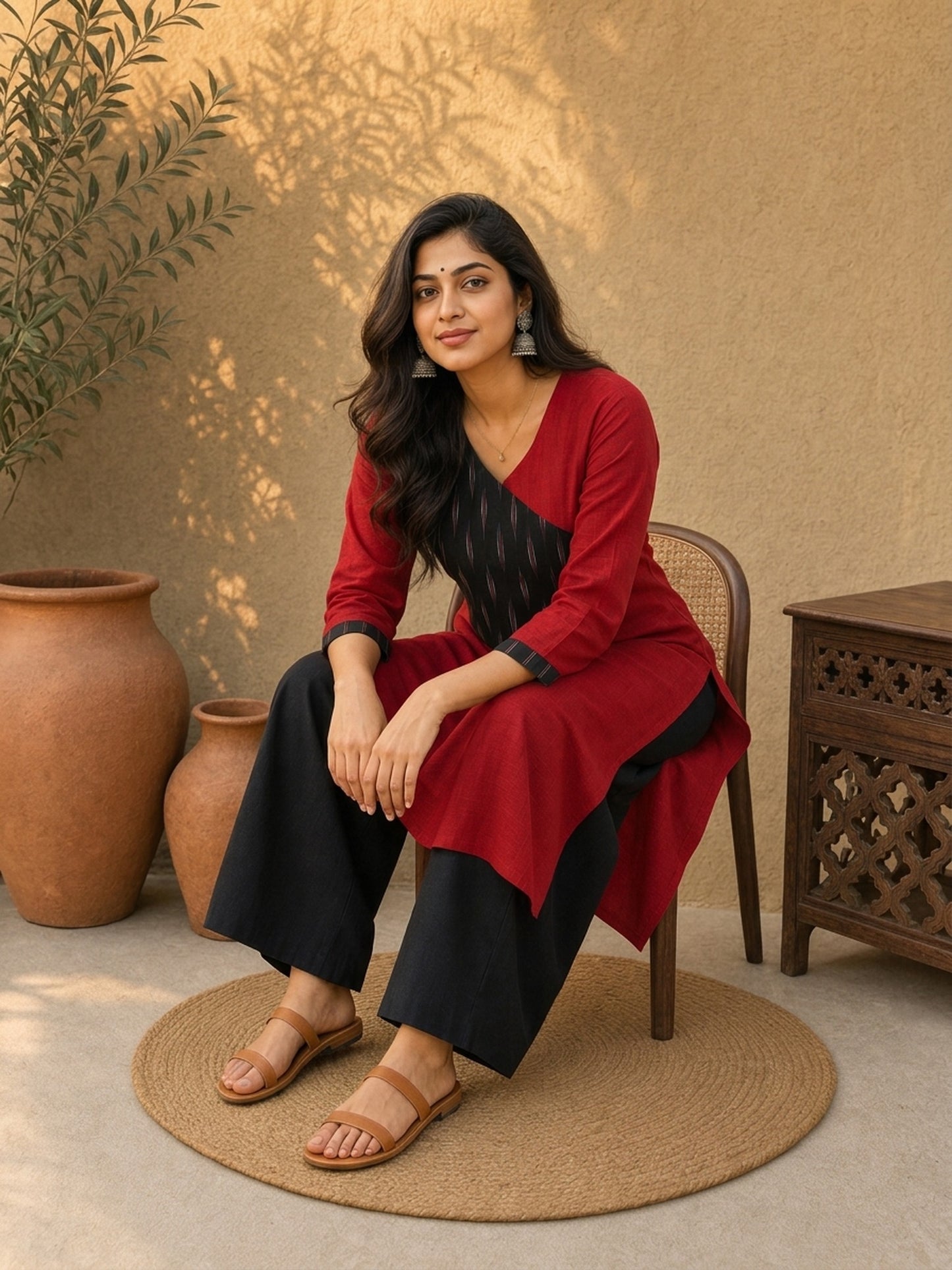 Sophisticated Maroon & Black Ikat Contrast Panel Cotton Kurta with Button Closure & V-Neckline