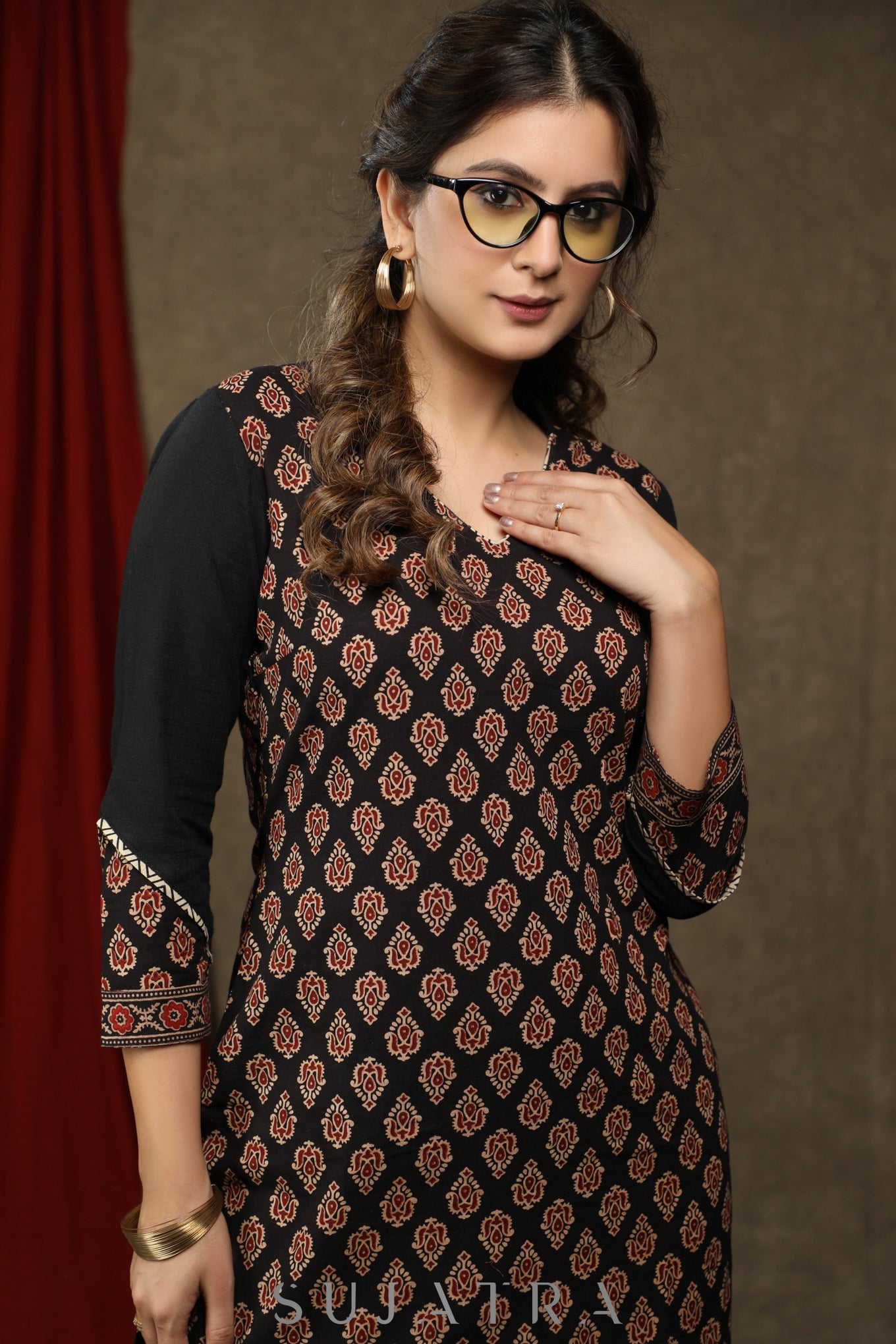 Exclusive black cotton ajrakh combination tunic