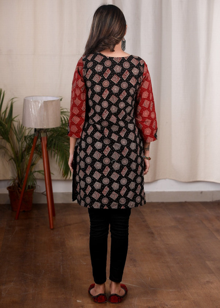 Exclusive Ajrakh combination maroon & black cotton tunic
