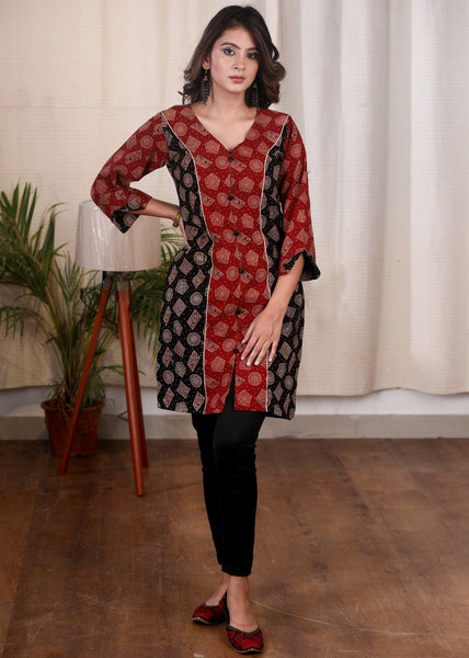 Exclusive Ajrakh combination maroon & black cotton tunic
