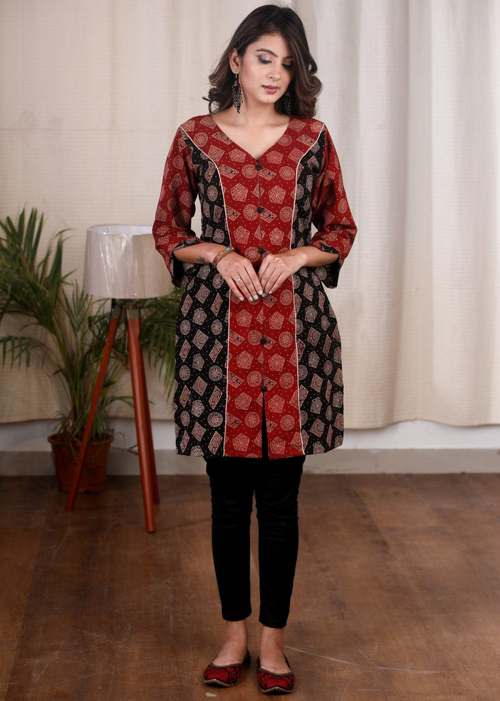 Exclusive Ajrakh combination maroon & black cotton tunic