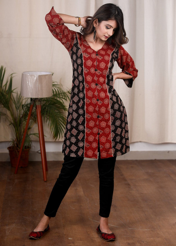 Exclusive Ajrakh combination maroon & black cotton tunic