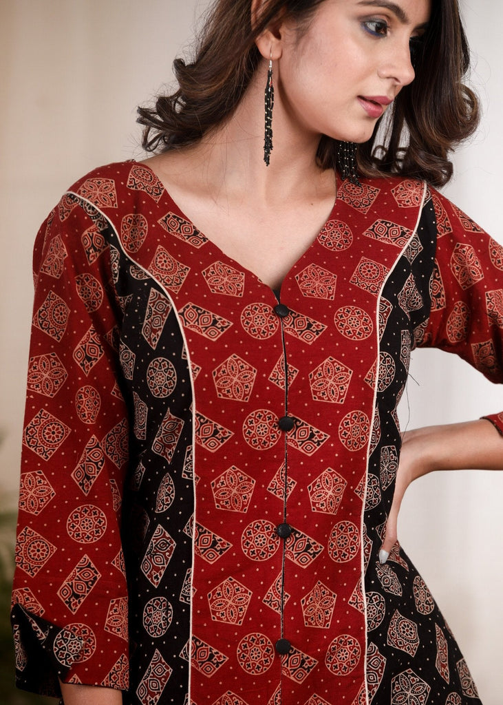 Exclusive Ajrakh combination maroon & black cotton tunic