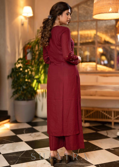 Dussehra Sale — Hand Embroidered Rayon Wine Kurta - Pant Optional