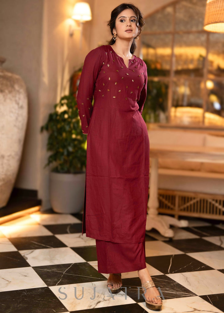 Hand Embroidered Rayon Wine Kurta - Pant Optional